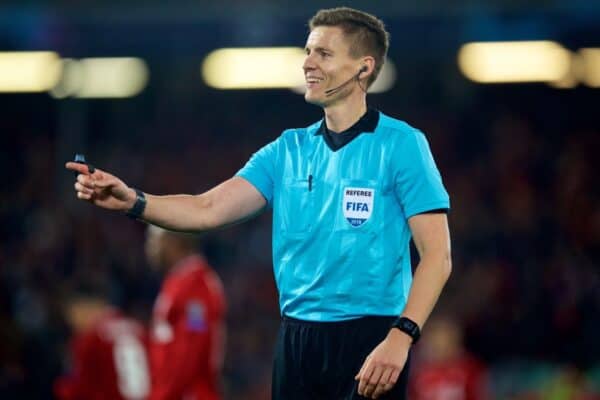 LIVERPOOL, ENGLAND - Wednesday, October 24, 2018: Referee Daniel Siebert during the UEFA Champions League Group C match between Liverpool FC and FK Crvena zvezda (Red Star Belgrade) at Anfield. (Pic by David Rawcliffe/Propaganda)