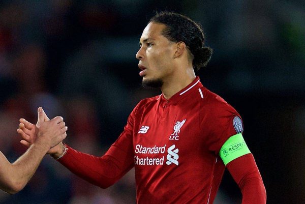 LIVERPOOL, ENGLAND - Wednesday, October 24, 2018: Liverpool's captain Virgil van Dijk (R) and FK Crvena zvezda Miloö Degenek after the UEFA Champions League Group C match between Liverpool FC and FK Crvena zvezda (Red Star Belgrade) at Anfield. Liverpool won 4-0. (Pic by David Rawcliffe/Propaganda)