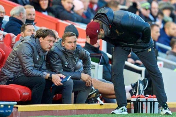 LIVERPOOL, ENGLAND - Saturday, October 27, 2018: Liverpool's manager J¸rgen Klopp consults first team coach Peter Krawietz (L) an first-team development coach Pepijn Lijnders (C) during the FA Premier League match between Liverpool FC and Cardiff City FC at Anfield. (Pic by David Rawcliffe/Propaganda)