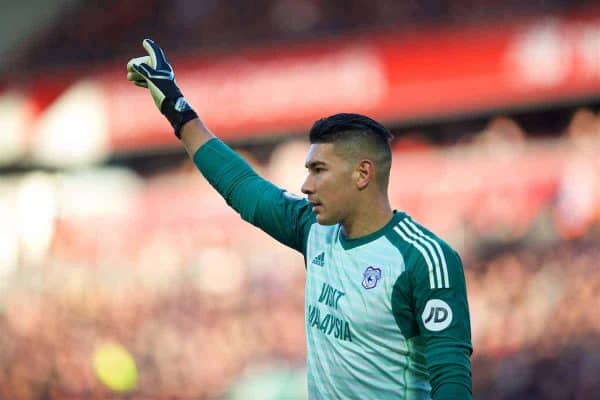 LIVERPOOL, ENGLAND - Saturday, October 27, 2018: Cardiff City's goalkeeper Neil Etheridge during the FA Premier League match between Liverpool FC and Cardiff City FC at Anfield. (Pic by David Rawcliffe/Propaganda)