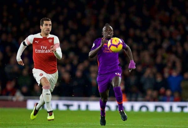 LONDON, ENGLAND - Saturday, November 3, 2018: Liverpool's Sadio Mane (R) and Arsenal's Henrikh Mkhitaryan during the FA Premier League match between Arsenal FC and Liverpool FC at Emirates Stadium. (Pic by David Rawcliffe/Propaganda)