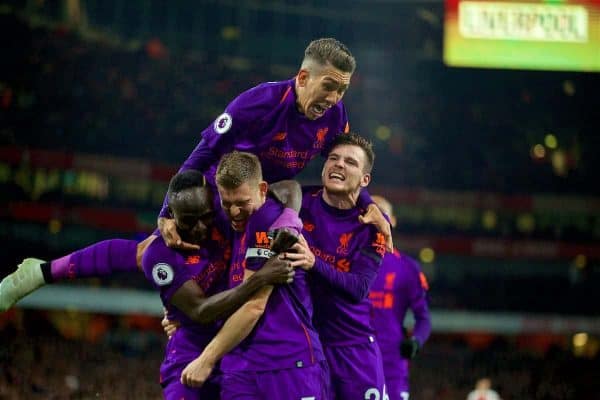 LONDON, ENGLAND - Saturday, November 3, 2018: Liverpool's captain James Milner celebrates scoring the first goal with team-mate during the FA Premier League match between Arsenal FC and Liverpool FC at Emirates Stadium. Sadio Mane, Roberto Firmino, Andy Robertson. (Pic by David Rawcliffe/Propaganda)