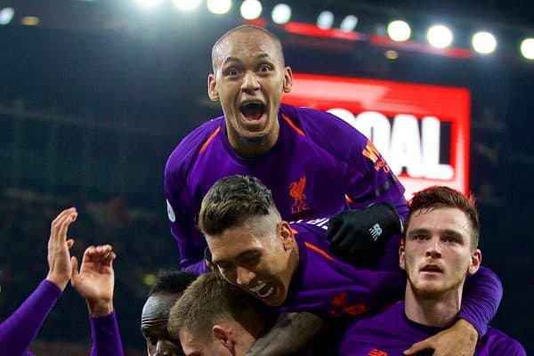 LONDON, ENGLAND - Saturday, November 3, 2018: Liverpool's captain James Milner is mobbed by team-mates as he celebrates the first goal during the FA Premier League match between Arsenal FC and Liverpool FC at Emirates Stadium. The game ended in a 1-1 draw. Trent Alexander-Arnold, Fabio Henrique Tavares 'Fabinho', Roberto Firmino, Andy Robertson, Sadio Mane. (Pic by David Rawcliffe/Propaganda)