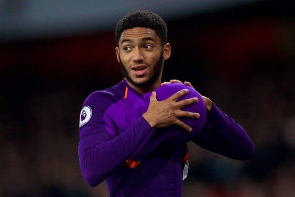 LONDON, ENGLAND - Saturday, November 3, 2018: Liverpool's Joe Gomez dries the ball with his shirt as he prepares to take a throw-in during the FA Premier League match between Arsenal FC and Liverpool FC at Emirates Stadium. (Pic by David Rawcliffe/Propaganda)