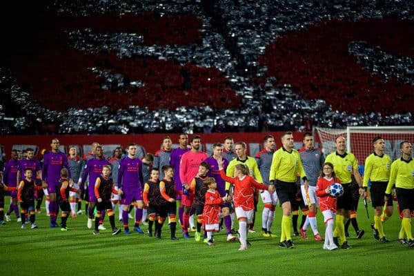 BELGRADE, SERBIA - Tuesday, November 6, 2018: Liverpool and FK Crvena zvezda players walk out before the UEFA Champions League Group C match between FK Crvena zvezda (Red Star Belgrade) and Liverpool FC at Stadion Rajko Miti?. (Pic by David Rawcliffe/Propaganda)