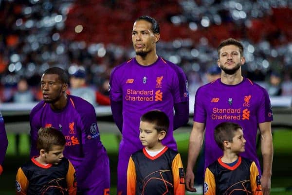 BELGRADE, SERBIA - Tuesday, November 6, 2018: Liverpool's Georginio Wijnaldum, Virgil van Dijk and Adam Lallana line-up before the UEFA Champions League Group C match between FK Crvena zvezda (Red Star Belgrade) and Liverpool FC at Stadion Rajko Miti?. (Pic by David Rawcliffe/Propaganda)