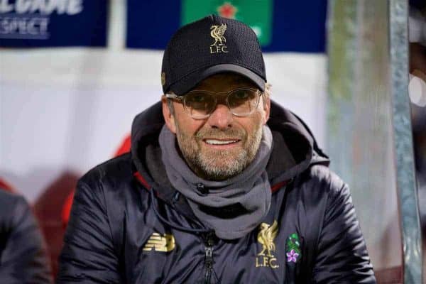 BELGRADE, SERBIA - Tuesday, November 6, 2018: Liverpool's manager Jürgen Klopp on the bench before the UEFA Champions League Group C match between FK Crvena zvezda (Red Star Belgrade) and Liverpool FC at Stadion Rajko Miti?. (Pic by David Rawcliffe/Propaganda)