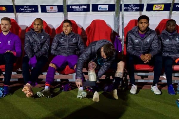 BELGRADE, SERBIA - Tuesday, November 6, 2018: Liverpool's substitutes goalkeeper Simon Mignolet, Fabio Henrique Tavares 'Fabinho', Roberto Firmino, Alberto Moreno and Joe Gomez on the bench before the UEFA Champions League Group C match between FK Crvena zvezda (Red Star Belgrade) and Liverpool FC at Stadion Rajko Miti?. (Pic by David Rawcliffe/Propaganda)