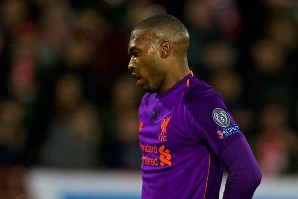 BELGRADE, SERBIA - Tuesday, November 6, 2018: Liverpool's Daniel Sturridge looks dejected after missing a chance during the UEFA Champions League Group C match between FK Crvena zvezda (Red Star Belgrade) and Liverpool FC at Stadion Rajko Miti?. (Pic by David Rawcliffe/Propaganda)