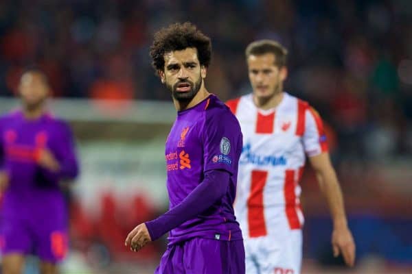 BELGRADE, SERBIA - Tuesday, November 6, 2018: Liverpool's Mohamed Salah looks dejected during the UEFA Champions League Group C match between FK Crvena zvezda (Red Star Belgrade) and Liverpool FC at Stadion Rajko Miti?. (Pic by David Rawcliffe/Propaganda)