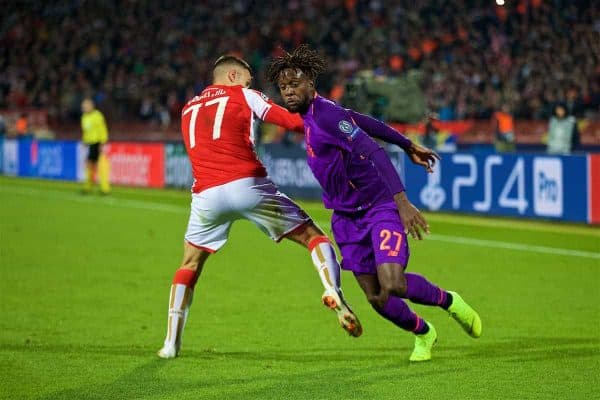 BELGRADE, SERBIA - Tuesday, November 6, 2018: Liverpool's Divock Origi (R) and FK Crvena zvezda's Marko Gobelji? during the UEFA Champions League Group C match between FK Crvena zvezda (Red Star Belgrade) and Liverpool FC at Stadion Rajko Miti?. (Pic by David Rawcliffe/Propaganda)