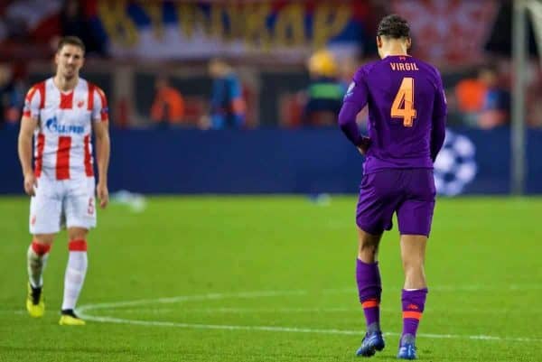 BELGRADE, SERBIA - Tuesday, November 6, 2018: Liverpool's Virgil van Dijk looks dejected after his side's 2-0 defeat during the UEFA Champions League Group C match between FK Crvena zvezda (Red Star Belgrade) and Liverpool FC at Stadion Rajko Miti?. (Pic by David Rawcliffe/Propaganda)