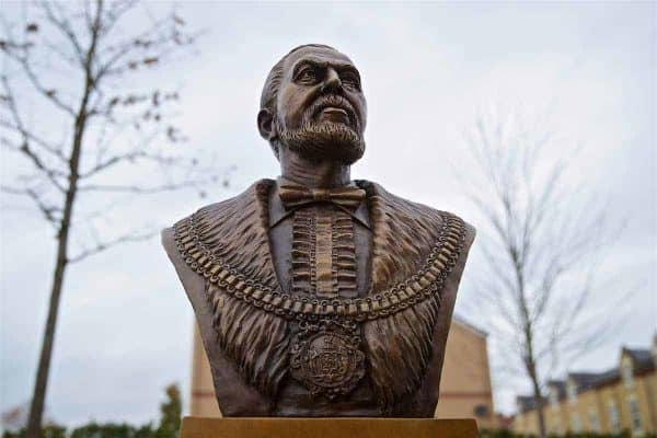 LIVERPOOL, ENGLAND - Friday, November 9, 2018: A newly installed bust of Liverpool Football Club's founder John Houlding, a sculpture by artist Tom Murphy, to celebrate the club's 125th anniversary, outside Anfield. (Pic by David Rawcliffe/Propaganda)