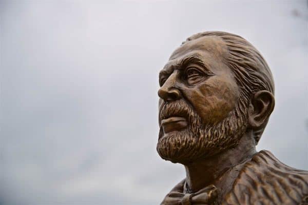 LIVERPOOL, ENGLAND - Friday, November 9, 2018: A newly installed bust of Liverpool Football Club's founder John Houlding, a sculpture by artist Tom Murphy, to celebrate the club's 125th anniversary, outside Anfield. (Pic by David Rawcliffe/Propaganda)