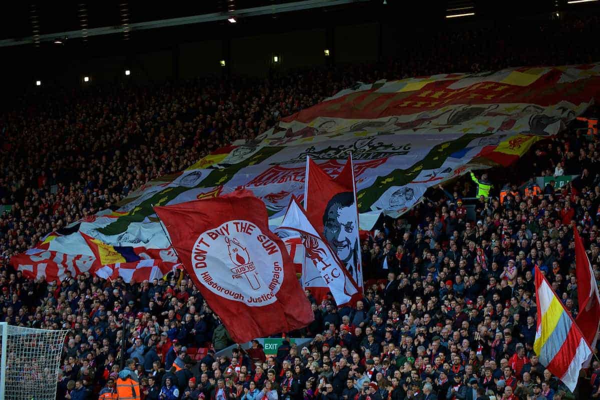 LIVERPOOL, ENGLAND - Sunday, November 11, 2018: Liverpool supporters on the Spion Kop with a "Don't By The Sun" flag before the FA Premier League match between Liverpool FC and Fulham FC at Anfield. (Pic by David Rawcliffe/Propaganda)