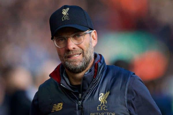 LIVERPOOL, ENGLAND - Sunday, November 11, 2018: Liverpool's manager Jürgen Klopp before the FA Premier League match between Liverpool FC and Fulham FC at Anfield. (Pic by David Rawcliffe/Propaganda)