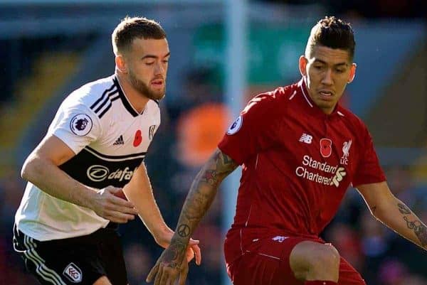 LIVERPOOL, ENGLAND - Sunday, November 11, 2018: Liverpool's Roberto Firmino (R) and Fulham's Kevin McDonald during the FA Premier League match between Liverpool FC and Fulham FC at Anfield. (Pic by David Rawcliffe/Propaganda)