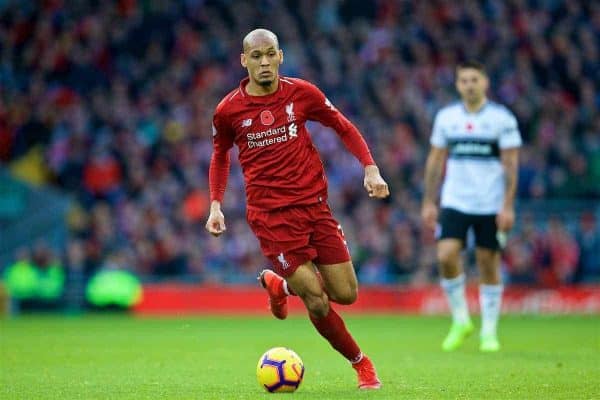 LIVERPOOL, ENGLAND - Sunday, November 11, 2018: Liverpool's Fabio Henrique Tavares 'Fabinho' during the FA Premier League match between Liverpool FC and Fulham FC at Anfield. (Pic by David Rawcliffe/Propaganda)