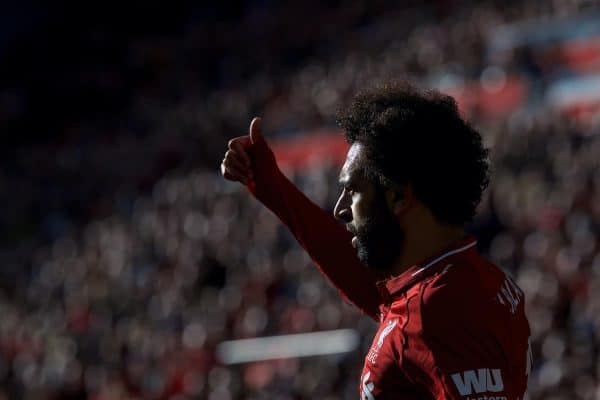 LIVERPOOL, ENGLAND - Sunday, November 11, 2018: Liverpool's Mohamed Salah during the FA Premier League match between Liverpool FC and Fulham FC at Anfield. (Pic by David Rawcliffe/Propaganda)