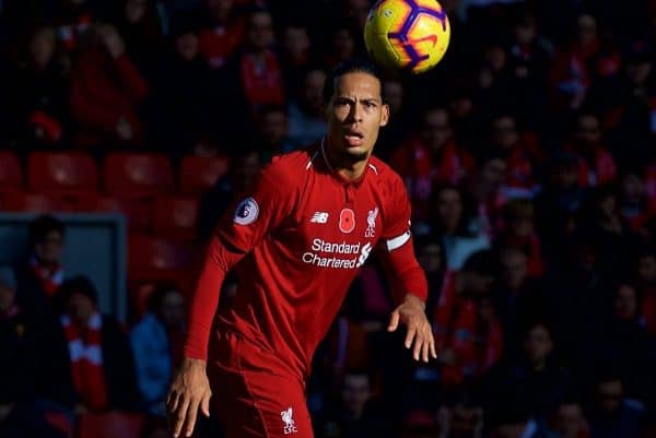 LIVERPOOL, ENGLAND - Sunday, November 11, 2018: Liverpool's Virgil van Dijk during the FA Premier League match between Liverpool FC and Fulham FC at Anfield. (Pic by David Rawcliffe/Propaganda)