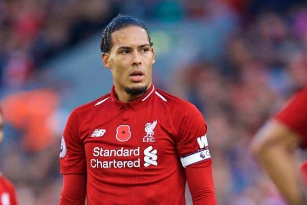 LIVERPOOL, ENGLAND - Sunday, November 11, 2018: Liverpool's Virgil van Dijk prepares to take a free-kick during the FA Premier League match between Liverpool FC and Fulham FC at Anfield. (Pic by David Rawcliffe/Propaganda)