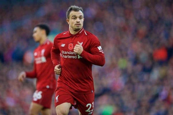 LIVERPOOL, ENGLAND - Sunday, November 11, 2018: Liverpool's Xherdan Shaqiri during the FA Premier League match between Liverpool FC and Fulham FC at Anfield. (Pic by David Rawcliffe/Propaganda)