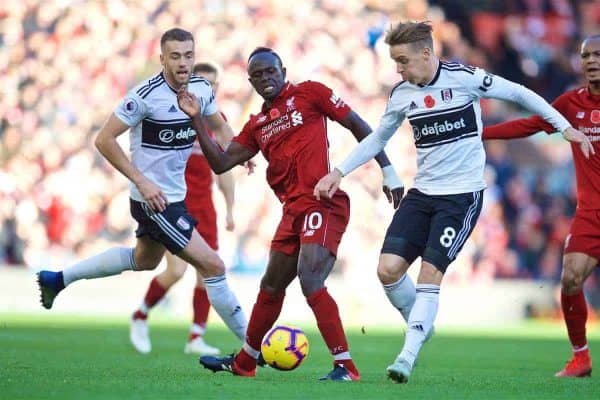 LIVERPOOL, ENGLAND - Sunday, November 11, 2018: Liverpool's Sadio Mane during the FA Premier League match between Liverpool FC and Fulham FC at Anfield. (Pic by David Rawcliffe/Propaganda)