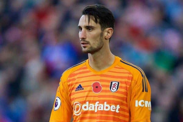 LIVERPOOL, ENGLAND - Sunday, November 11, 2018: Fulham's goalkeeper Sergio Rico during the FA Premier League match between Liverpool FC and Fulham FC at Anfield. (Pic by David Rawcliffe/Propaganda)