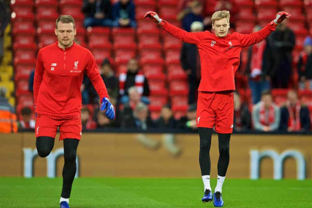 LIVERPOOL, ENGLAND - Sunday, December 2, 2018: Liverpool's substitute goalkeeper Simon Mignolet (L) and goalkeeper Caoimhin Kelleher during the pre-match warm-up before the FA Premier League match between Liverpool FC and Everton FC at Anfield, the 232nd Merseyside Derby. (Pic by Paul Greenwood/Propaganda)