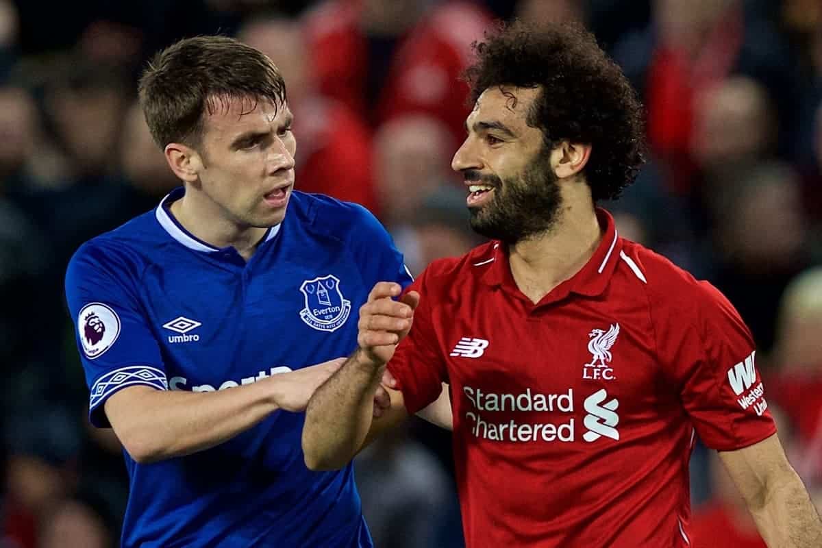 LIVERPOOL, ENGLAND - Sunday, December 2, 2018: Liverpool's Mohamed Salah walks off as he is substituted as Everton's Seamus Coleman grabs his arm during the FA Premier League match between Liverpool FC and Everton FC at Anfield, the 232nd Merseyside Derby. (Pic by Paul Greenwood/Propaganda)