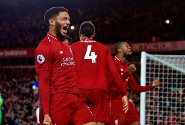 LIVERPOOL, ENGLAND - Sunday, December 2, 2018: Liverpool's Joe Gomez celebrates a dramatic injury time goal from team-mate Divock Origi during the FA Premier League match between Liverpool FC and Everton FC at Anfield, the 232nd Merseyside Derby. (Pic by Paul Greenwood/Propaganda)