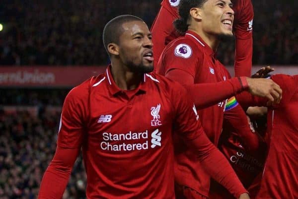 LIVERPOOL, ENGLAND - Sunday, December 2, 2018: Liverpool's Divock Origi (2nd from R) celebrate scoring a dramatic injury time goal to seal a 1-0 victory over Everton with team-mates Georginio Wijnaldum, Virgil van Dijk, Andy Robertson and Joe Gomez during the FA Premier League match between Liverpool FC and Everton FC at Anfield, the 232nd Merseyside Derby. (Pic by Paul Greenwood/Propaganda)