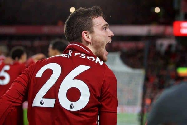 LIVERPOOL, ENGLAND - Sunday, December 2, 2018: Liverpool's Andy Robertson celebrates a winning goal deep into injury time from Divock Origi during the FA Premier League match between Liverpool FC and Everton FC at Anfield, the 232nd Merseyside Derby. Liverpool won 1-0. (Pic by Paul Greenwood/Propaganda)