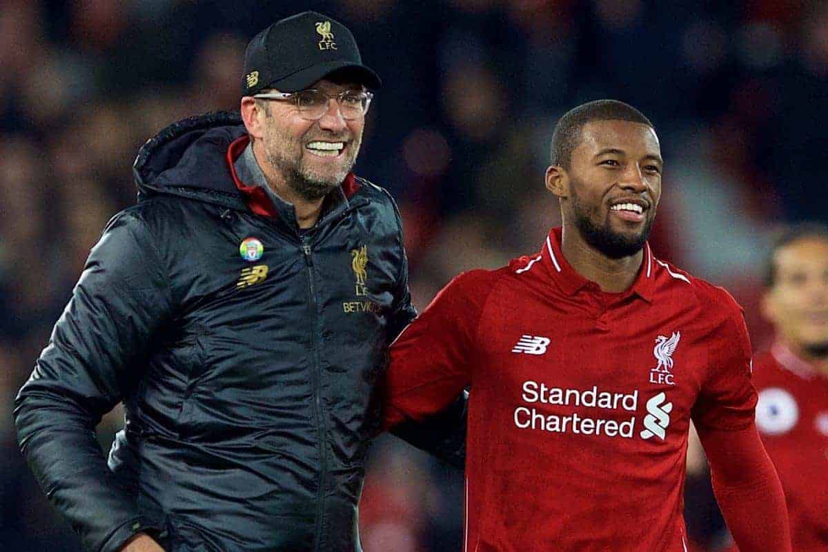 LIVERPOOL, ENGLAND - Sunday, December 2, 2018: Liverpool's manager J¸rgen Klopp and Georginio Wijnaldum celebrate after a dramatic late injury time victory during the FA Premier League match between Liverpool FC and Everton FC at Anfield, the 232nd Merseyside Derby. Liverpool won 1-0. (Pic by Paul Greenwood/Propaganda)