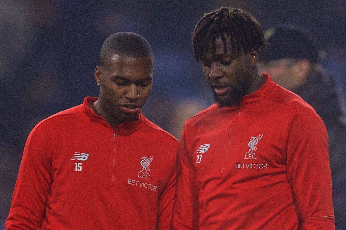 BURNLEY, ENGLAND - Wednesday, December 5, 2018: Liverpool's Daniel Sturridge (L) and Divock Origi during the pre-match warm-up before the FA Premier League match between Burnley FC and Liverpool FC at Turf Moor. (Pic by David Rawcliffe/Propaganda)