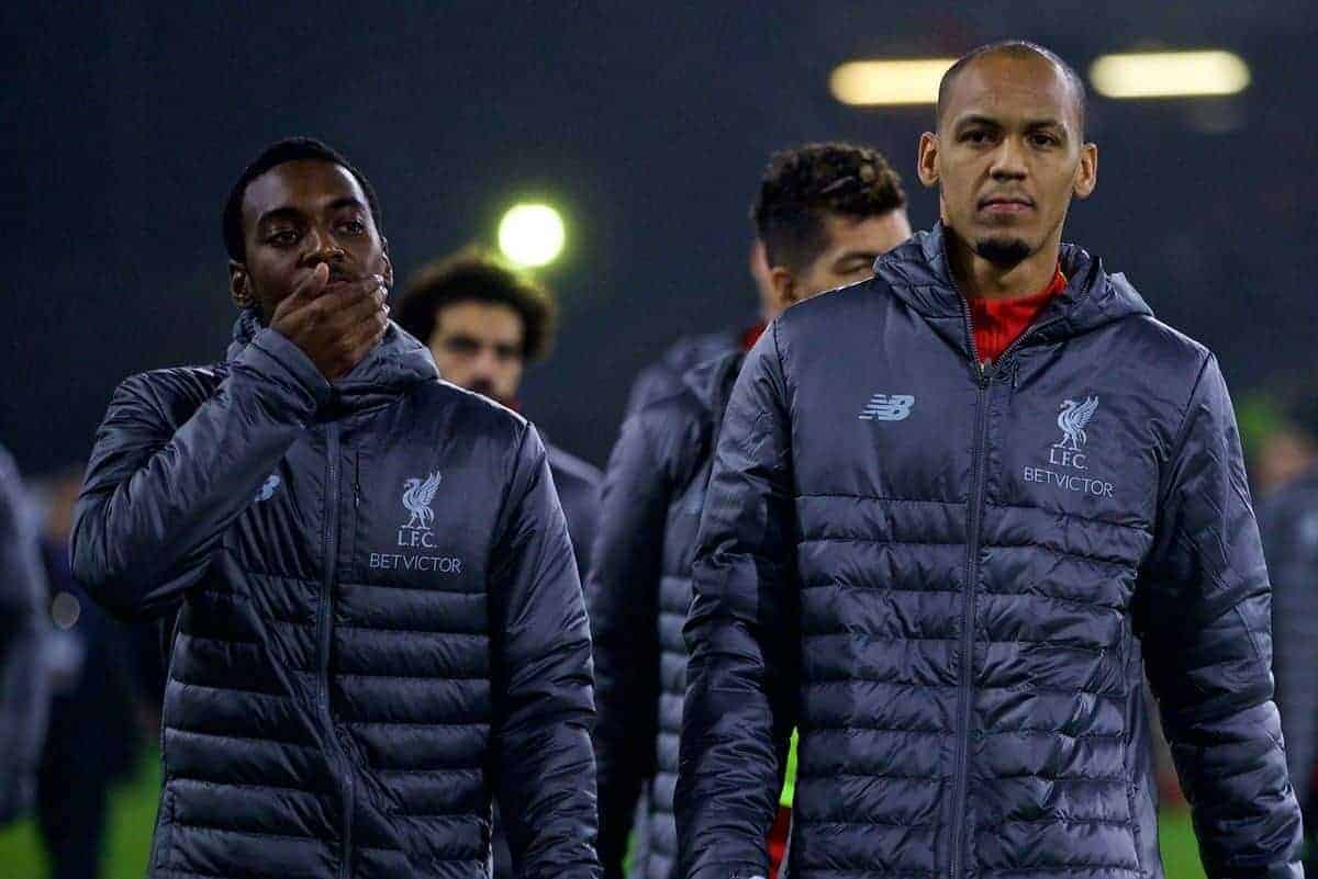 BURNLEY, ENGLAND - Wednesday, December 5, 2018: Liverpool's substitutes Rafael Camacho (L) and Fabio Henrique Tavares 'Fabinho' before the FA Premier League match between Burnley FC and Liverpool FC at Turf Moor. (Pic by David Rawcliffe/Propaganda)