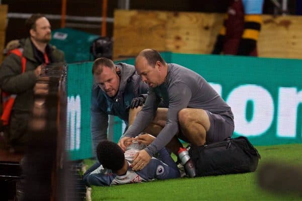 BURNLEY, ENGLAND - Wednesday, December 5, 2018: Liverpool's Joe Gomez is treated for an injury by Andrew Massey during the FA Premier League match between Burnley FC and Liverpool FC at Turf Moor. (Pic by David Rawcliffe/Propaganda)