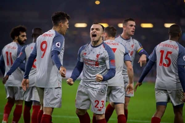 BURNLEY, ENGLAND - Wednesday, December 5, 2018: Liverpool's Xherdan Shaqiri celebrates scoring the third goal during the FA Premier League match between Burnley FC and Liverpool FC at Turf Moor. (Pic by David Rawcliffe/Propaganda)
