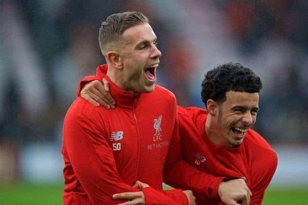 BOURNEMOUTH, ENGLAND - Saturday, December 8, 2018: Liverpool's captain Jordan Henderson and Curtis Jones before the FA Premier League match between AFC Bournemouth and Liverpool FC at the Vitality Stadium. (Pic by David Rawcliffe/Propaganda)