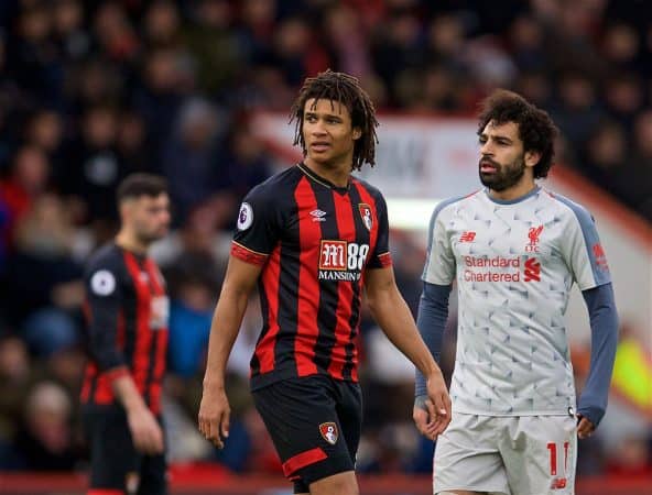 BOURNEMOUTH, ENGLAND - Saturday, December 8, 2018: AFC Bournemouth's Nathan Ake and Liverpool's Mohamed Salah during the FA Premier League match between AFC Bournemouth and Liverpool FC at the Vitality Stadium. (Pic by David Rawcliffe/Propaganda)