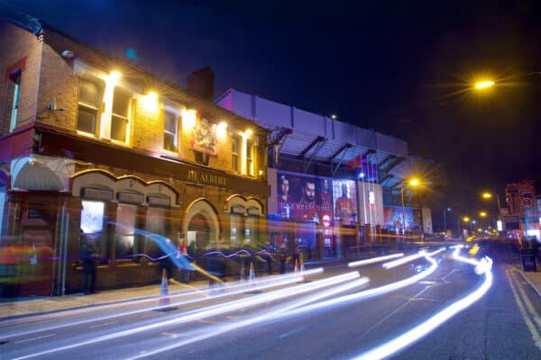 LIVERPOOL, ENGLAND - Tuesday, December 11, 2018: An exterior view of The Albert Pub and Liverpool's Spion Kop stand pictured before the UEFA Champions League Group C match between Liverpool FC and SSC Napoli at Anfield. (Pic by David Rawcliffe/Propaganda)