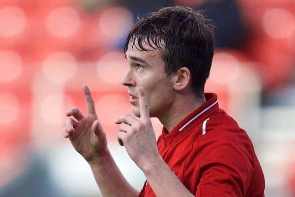 ST HELENS, ENGLAND - Monday, December 10, 2018: Liverpool's Liam Millar celebrates scoring the second goal during the UEFA Youth League Group C match between Liverpool FC and SSC Napoli at Langtree Park. (Pic by David Rawcliffe/Propaganda)