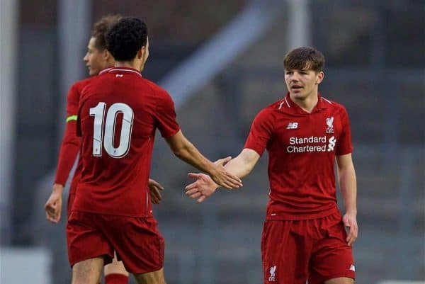 ST HELENS, ENGLAND - Monday, December 10, 2018: Liverpool's substitute Bobby Duncan celebrates scoring the fifth goal during the UEFA Youth League Group C match between Liverpool FC and SSC Napoli at Langtree Park. (Pic by David Rawcliffe/Propaganda)