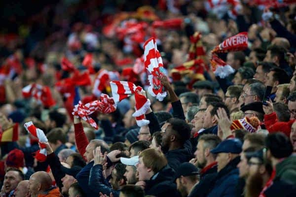 LIVERPOOL, ENGLAND - Tuesday, December 11, 2018: Liverpool supporters wave scarves as they celebrate the first goal during the UEFA Champions League Group C match between Liverpool FC and SSC Napoli at Anfield. (Pic by David Rawcliffe/Propaganda)