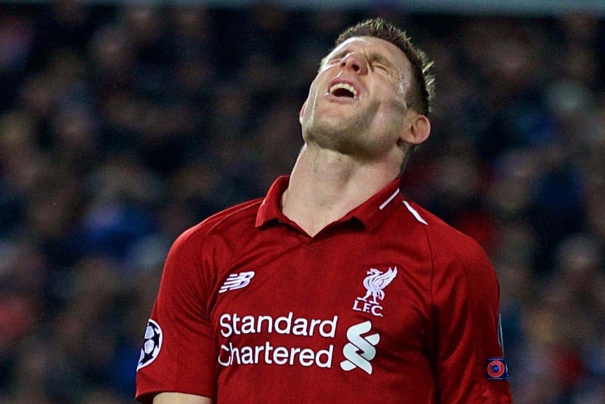 LIVERPOOL, ENGLAND - Tuesday, December 11, 2018: Liverpool's captain James Milner looks dejected after missing a chance during the UEFA Champions League Group C match between Liverpool FC and SSC Napoli at Anfield. (Pic by David Rawcliffe/Propaganda)