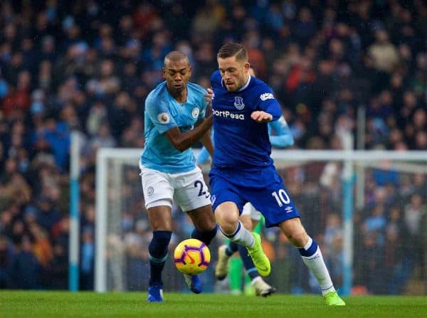 MANCHESTER, ENGLAND - Saturday, December 15, 2018: Everton's captain Gylfi Sigurdsson (R) and Manchester City's Fernando Luiz Roza 'Fernandinho' during the FA Premier League match between Manchester City FC and Everton FC at the Etihad Stadium, the 232nd Merseyside Derby. (Pic by David Rawcliffe/Propaganda)