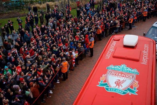 LIVERPOOL, ENGLAND - Sunday, December 16, 2018: Liverpool supporters take photographs of the team bus arriving before the FA Premier League match between Liverpool FC and Manchester United FC at Anfield. (Pic by David Rawcliffe/Propaganda)