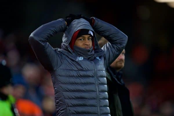 LIVERPOOL, ENGLAND - Sunday, December 16, 2018: Liverpool's Rhian Brewster during the FA Premier League match between Liverpool FC and Manchester United FC at Anfield. (Pic by David Rawcliffe/Propaganda)