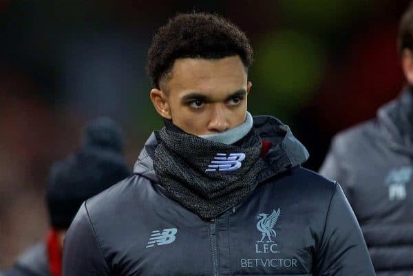 LIVERPOOL, ENGLAND - Sunday, December 16, 2018: Liverpool's Trent Alexander-Arnold before the FA Premier League match between Liverpool FC and Manchester United FC at Anfield. (Pic by David Rawcliffe/Propaganda)