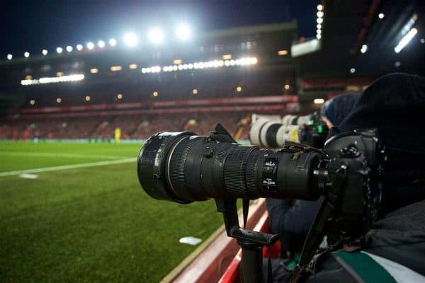 LIVERPOOL, ENGLAND - Sunday, December 16, 2018: Photographers block the view of the goal during the FA Premier League match between Liverpool FC and Manchester United FC at Anfield. (Pic by David Rawcliffe/Propaganda)